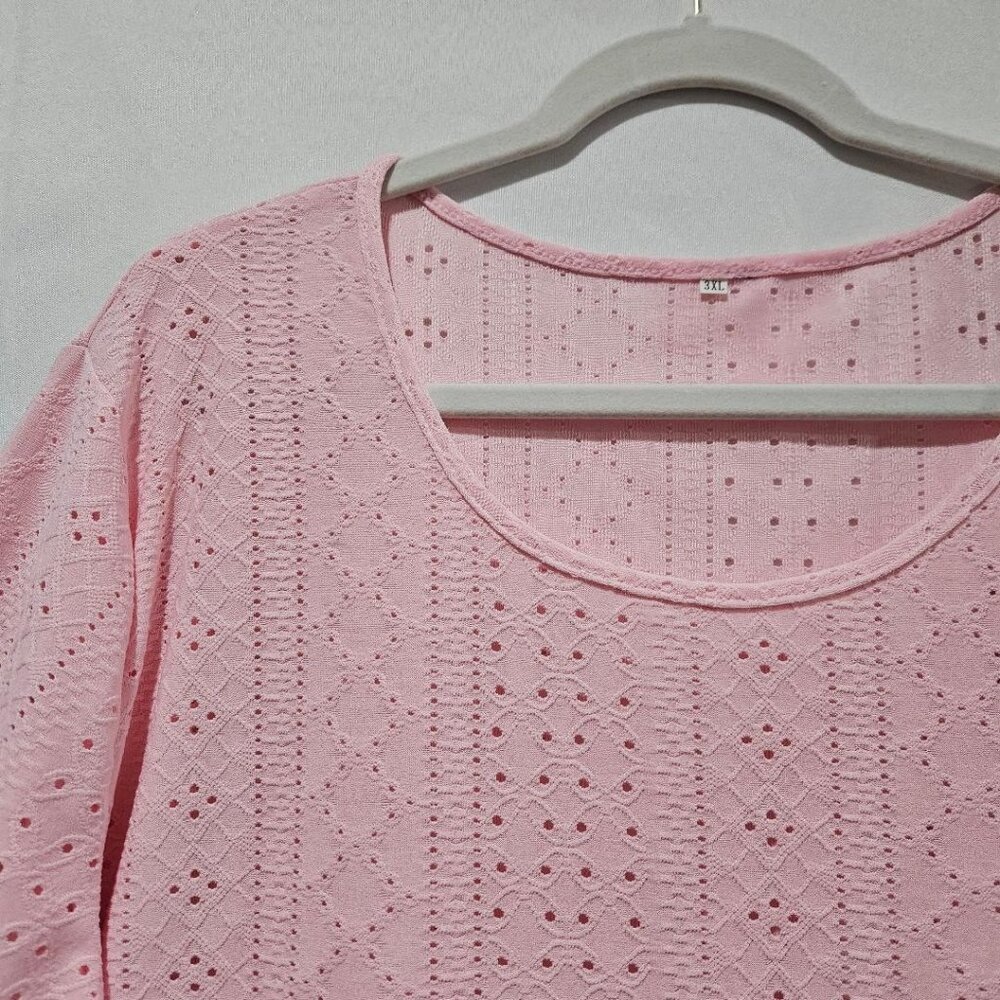 PINK EYELET KNIT LONG SLEEVE FALL TEE TOP 3X